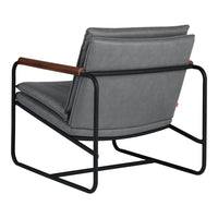 Gray upholstered chair with a sleek black metal frame and warm wood armrests, showcasing modern design.