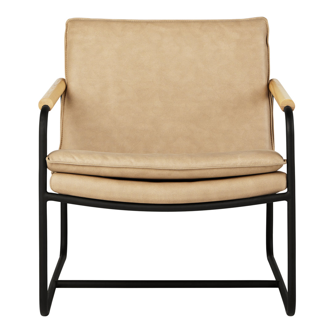 Tan leather upholstery with a smooth texture, complemented by a sleek black metal frame and natural wood accents.