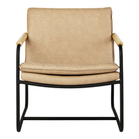 Tan leather upholstery with a smooth texture, complemented by a sleek black metal frame and natural wood accents.