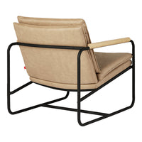 Beige upholstered chair with a sleek black metal frame and natural wood armrests, featuring a minimalist design.