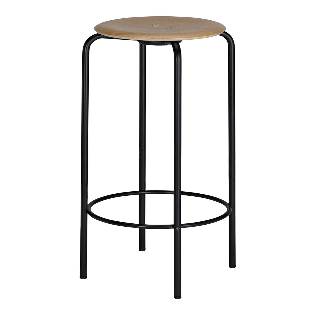 Black metal bar stool with a natural wood seat, featuring a minimalist design and sleek lines. Perfect for modern decor.