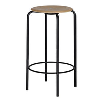 Black metal bar stool with a natural wood seat, featuring a minimalist design and sleek lines. Perfect for modern decor.