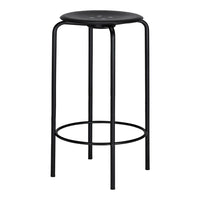 Black bar stool with a sleek, minimalist design and smooth seat, featuring a simple geometric pattern.