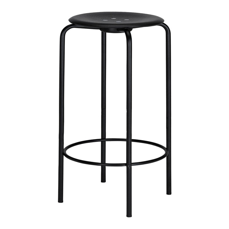 Black bar stool with a sleek, minimalist design and smooth seat, featuring a simple geometric pattern.