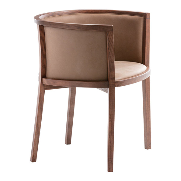 Brown upholstered barrel chair with a smooth wooden frame and minimalist design. Elegant and modern home decor option.