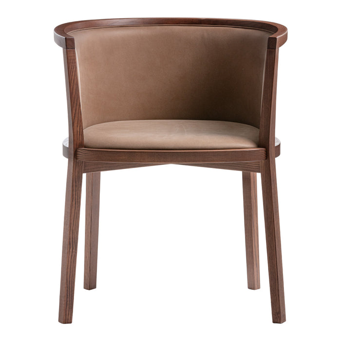 Brown leather armchair with a smooth finish and walnut wood legs, featuring a minimalist design and curved back.