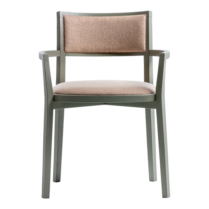 Stylish chair in muted green with soft pink upholstery, featuring a simple design and textured fabric.