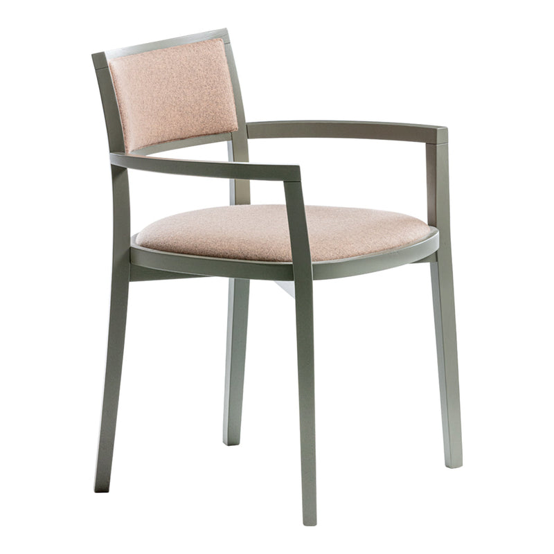 Light pink upholstered chair with sleek gray metal frame, perfect for modern decor.