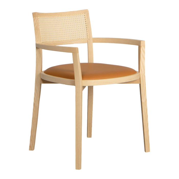 Natural wood chair with a woven backrest and a vibrant orange seat cushion. Modern and stylish design.