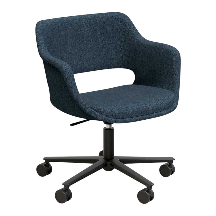 Dark blue upholstered office chair with a smooth fabric and minimalist design, featuring a black wheeled base.