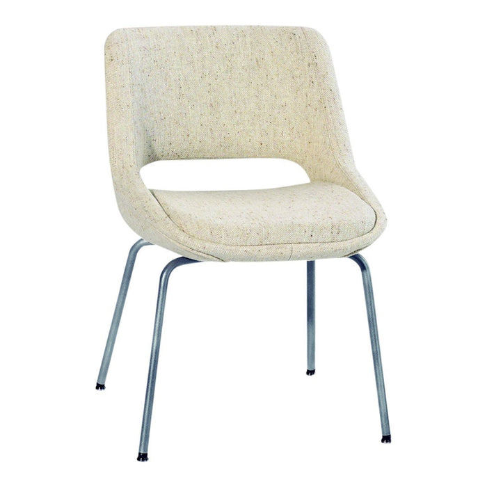 Cream-colored chair with a textured upholstery and sleek chrome legs, perfect for modern interiors.
