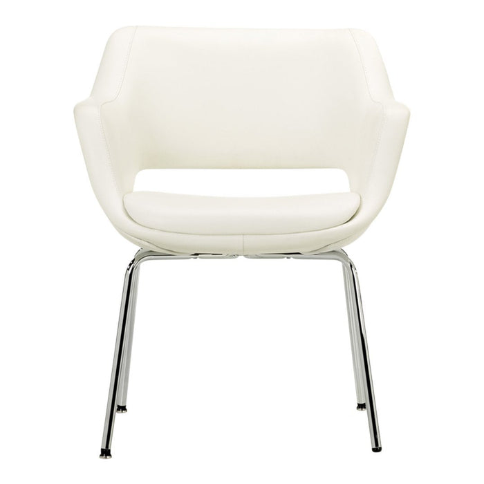 White modern chair with sleek chrome legs, featuring a minimalist design and smooth fabric texture.