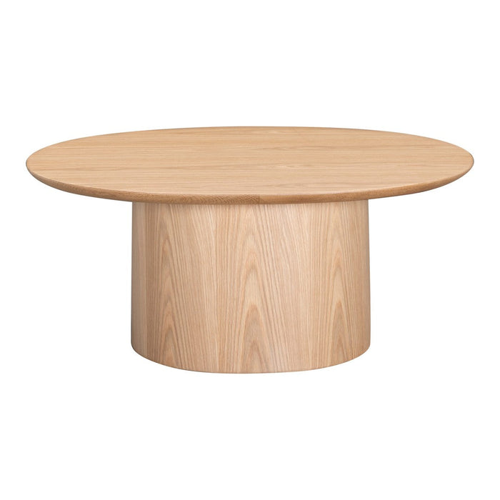 Light wood round table with a smooth, natural finish and a minimalist cylindrical base, showcasing simple elegance.