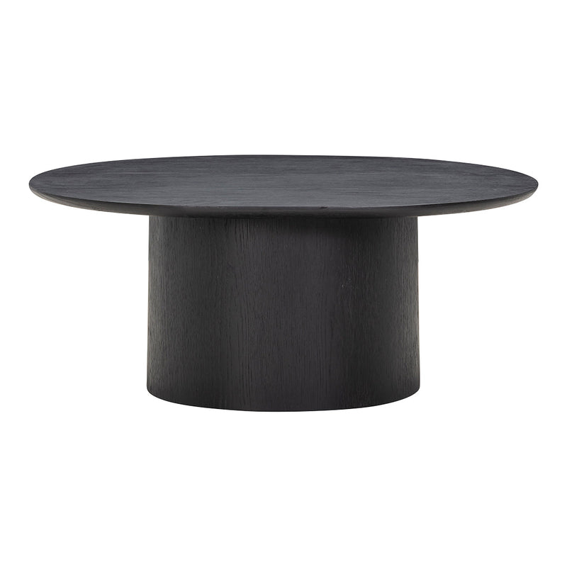 Round black coffee table with a smooth top and cylindrical base, showcasing a sleek, modern design.