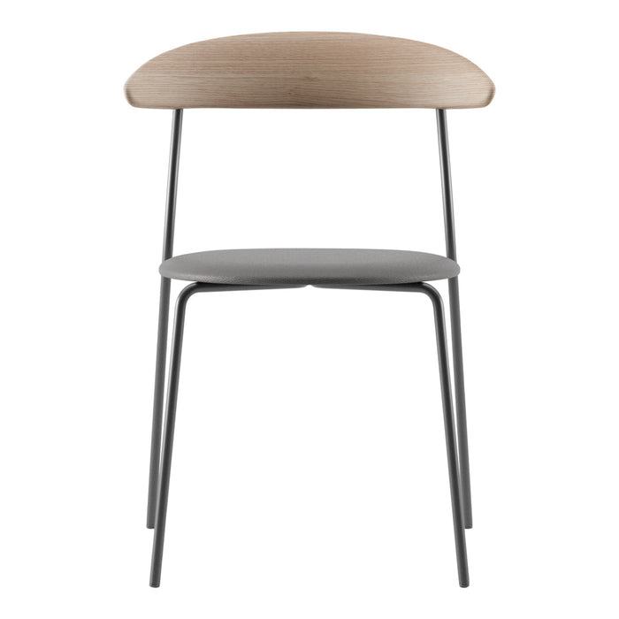 Modern chair featuring a natural wood backrest and a sleek gray seat, with minimalist black metal legs.