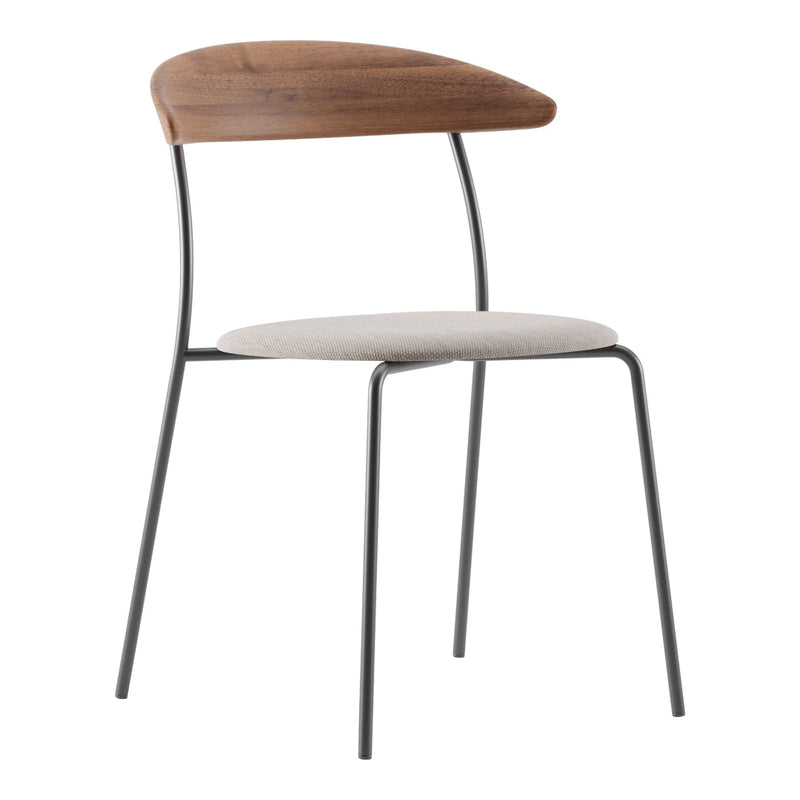 Modern chair featuring a warm wood backrest, neutral fabric seat, and sleek black metal legs. Perfect for any decor.