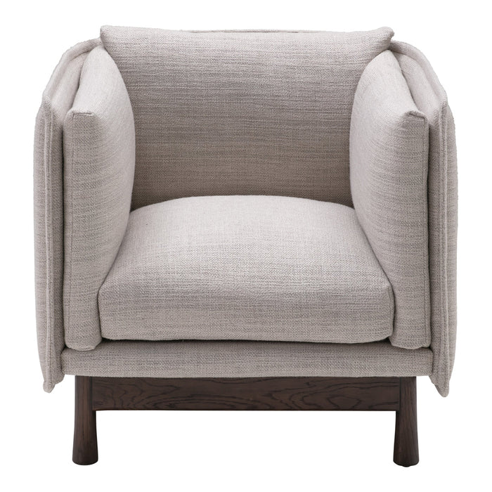 Light gray upholstered chair with a textured finish and natural wood legs. Modern, minimalist design for contemporary decor.