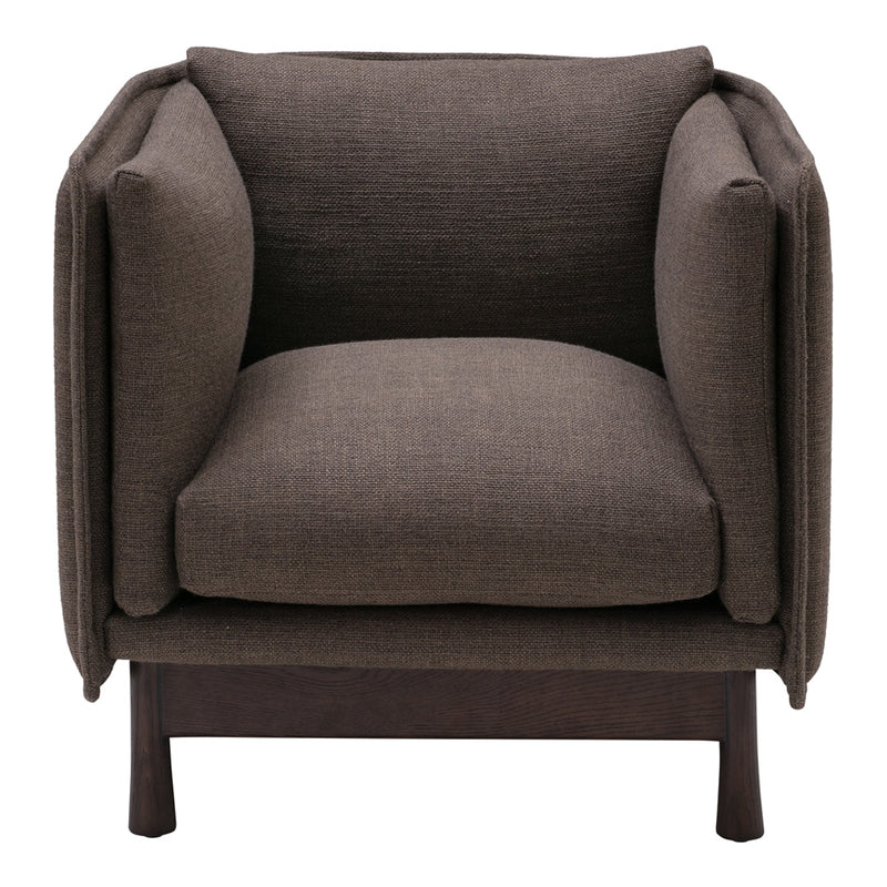 Brown textured fabric armchair with rounded armrests and a minimalist design, ideal for modern decor.