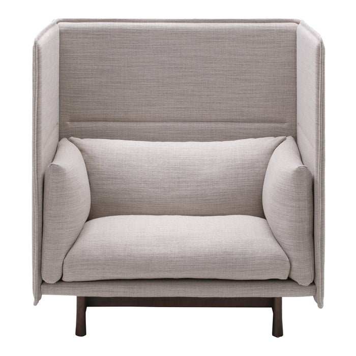 Light gray upholstered armchair with simple, textured fabric and a minimalist design.