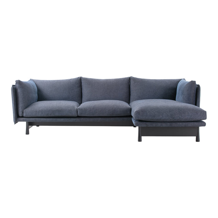 Modern grey sectional sofa with plush cushions and a sleek black frame. Ideal for contemporary living spaces.