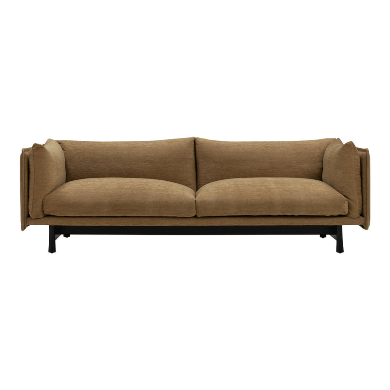 Taupe upholstered sofa with clean lines and sleek black legs, featuring a modern, minimalistic design.