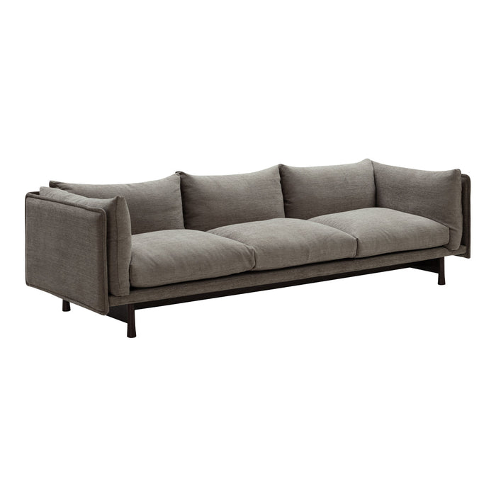 Gray upholstered sofa with clean lines and a minimalist design, featuring plush cushions and a sleek wooden base.