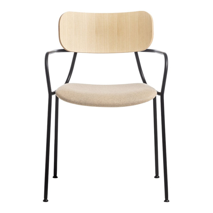 Light wood and cream fabric chair with a sleek black metal frame, modern design, minimalistic pattern.