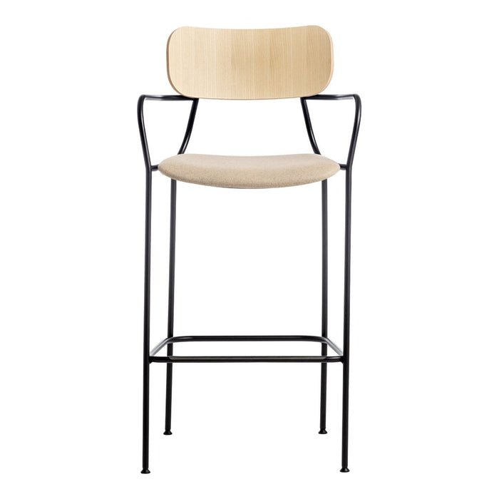 Natural wood finish with a beige seat, and sleek black metal frame, offering a modern, minimalist design.
