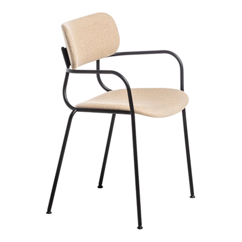 Beige upholstered chair with black metal frame and minimalist design. Ideal for modern indoor spaces.
