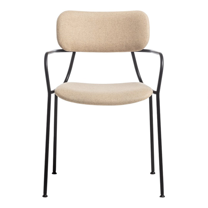Beige upholstered chair with a smooth, rounded backrest and sleek black metal frame. Minimalist design with neutral tones.