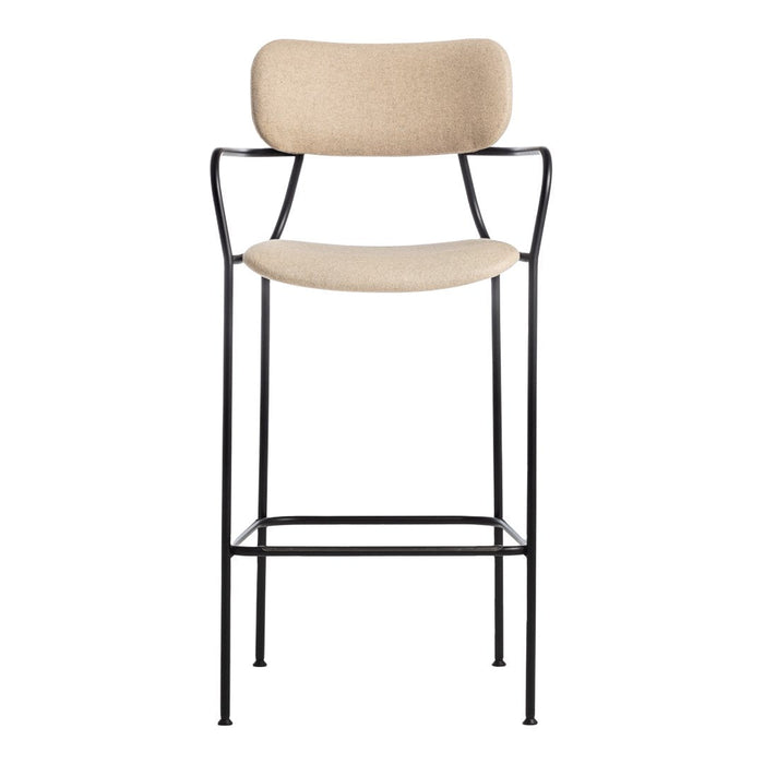 Beige upholstered bar stool with a sleek black metal frame, minimalistic design, and no intricate patterns.