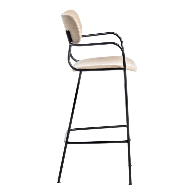 Beige upholstered bar stool with black metal frame and minimalistic design. Modern and stylish for any space.
