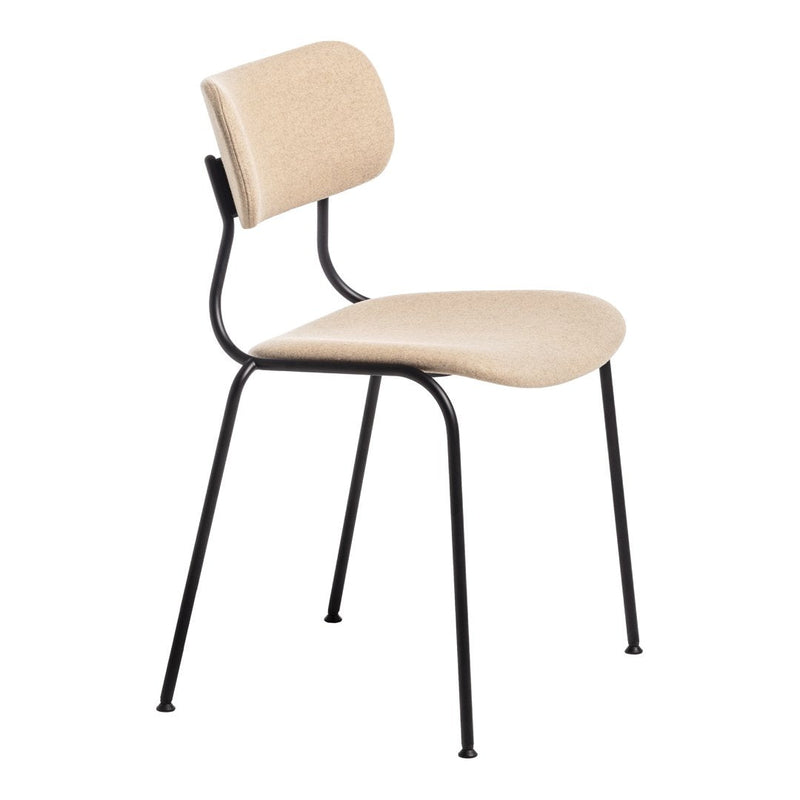 Beige upholstered chair with a sleek black metal frame, featuring a minimalist design and smooth surfaces.
