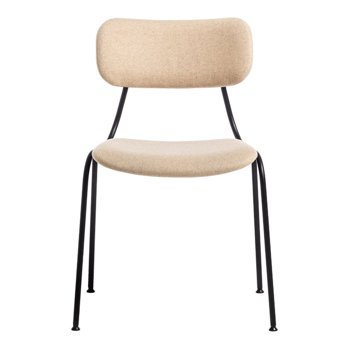 Beige upholstered chair with a smooth finish and sleek black metal legs, perfect for modern decor.