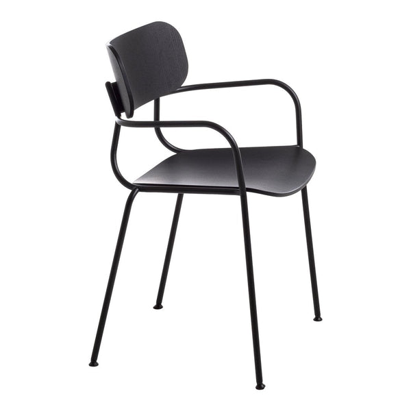 Black chair with a sleek design, featuring a matte finish and minimalist patterns, complemented by metal arms and legs.