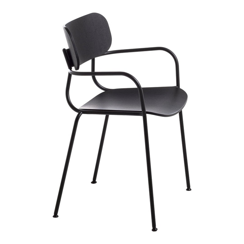 Black chair with a sleek design, featuring a matte finish and minimalist patterns, complemented by metal arms and legs.