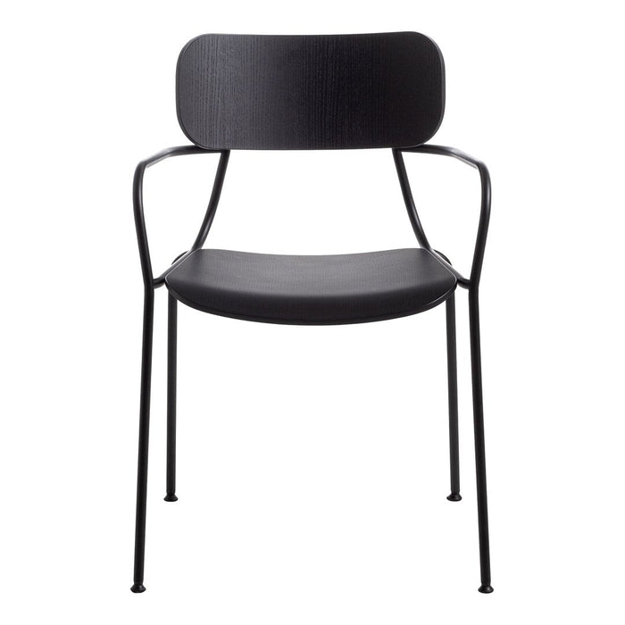 Black minimalist dining chair with a sleek, curved design and smooth matte finish. Perfect for modern interiors.