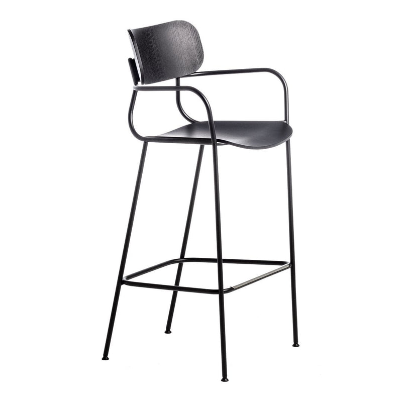 Black bar stool with a minimalist design and sleek metal frame. Simple, modern aesthetic for any decor.