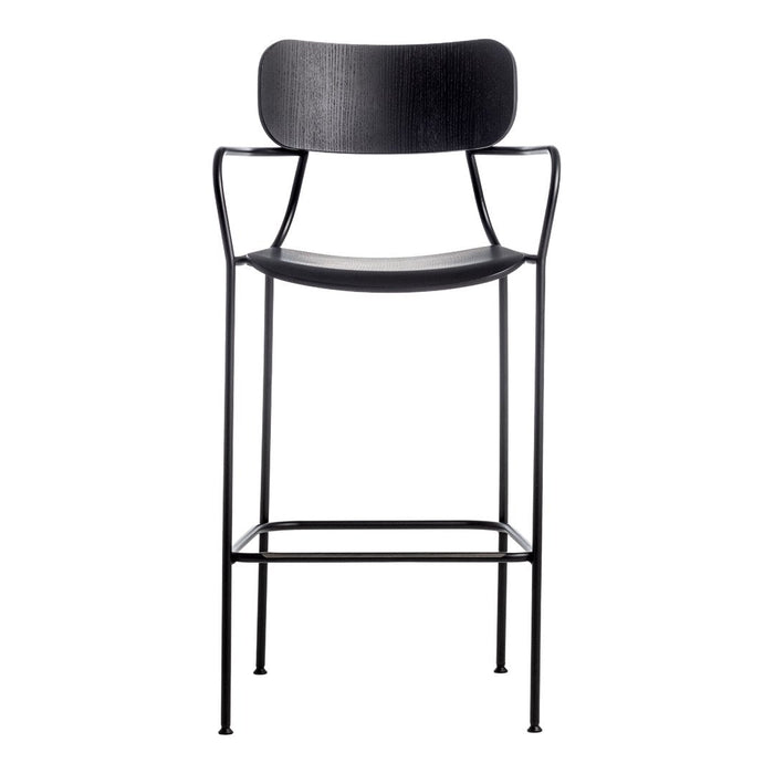 Black metal bar stool with a sleek minimalist design and smooth wooden seat, ideal for modern decor.
