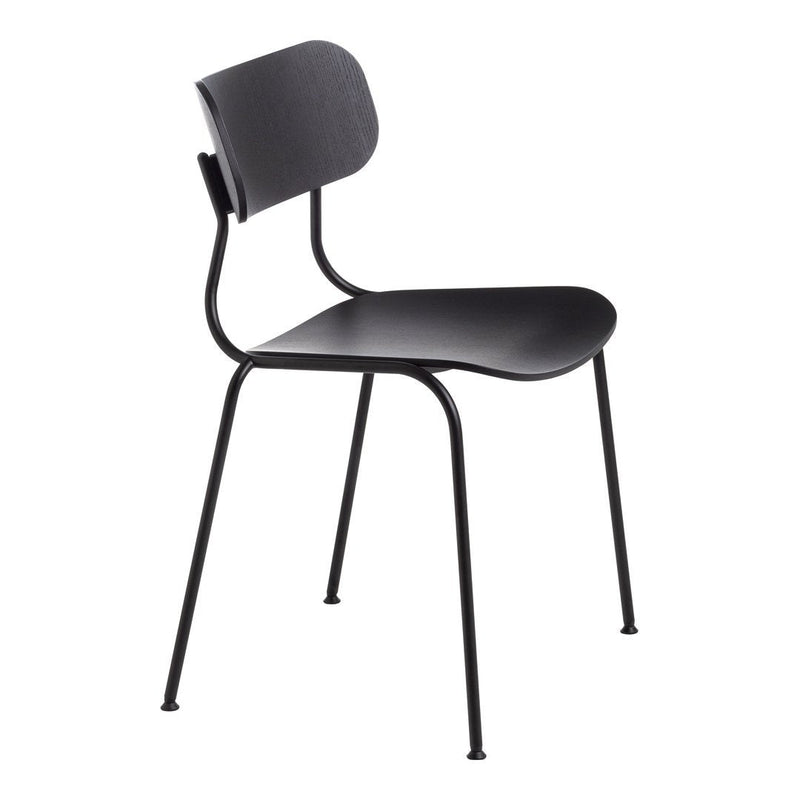 Sleek black metal chair with a minimalist design, featuring smooth curves and a matte finish. Perfect for modern decor.