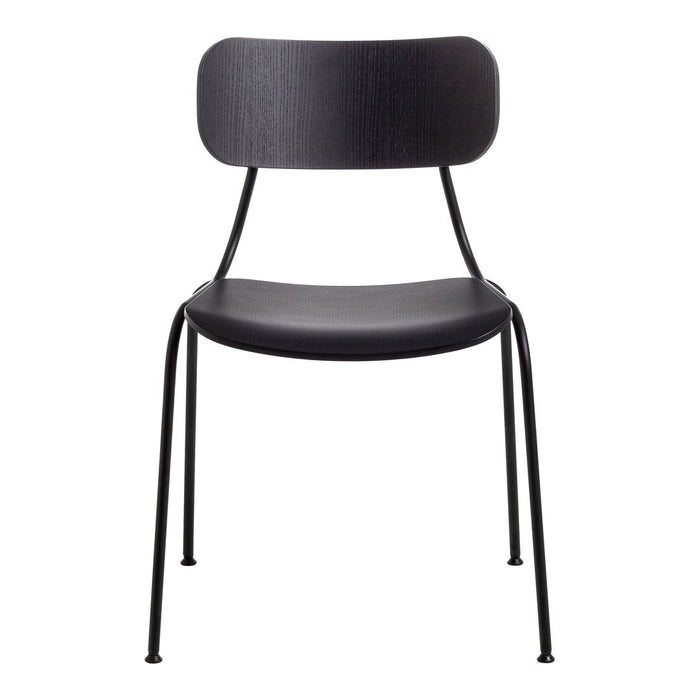 Black wooden chair with a smooth finish and minimalist design, featuring a curved back and slender metal legs.