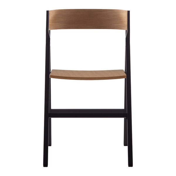 Black metal chair with a warm wooden seat and backrest, showcasing a sleek and modern design.