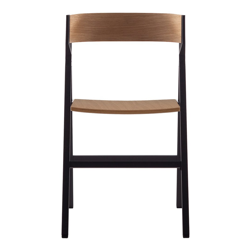 Black metal chair with a warm wooden seat and backrest, showcasing a sleek and modern design.