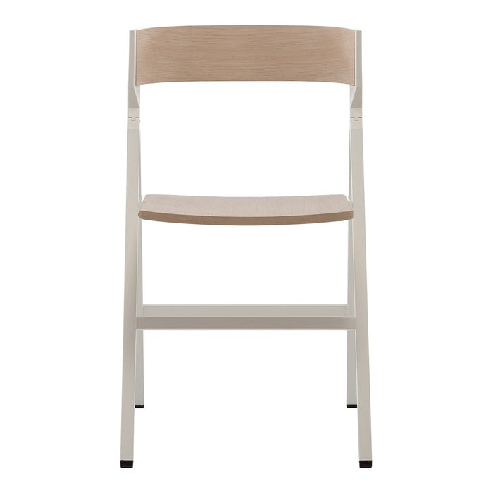Minimalist chair with a light wood seat and backrest, featuring a sleek white metal frame. Modern and versatile design.