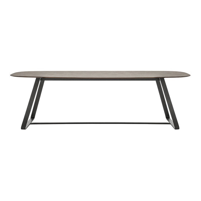 Modern gray rectangular table with sleek black legs and smooth surface, perfect for any contemporary space.