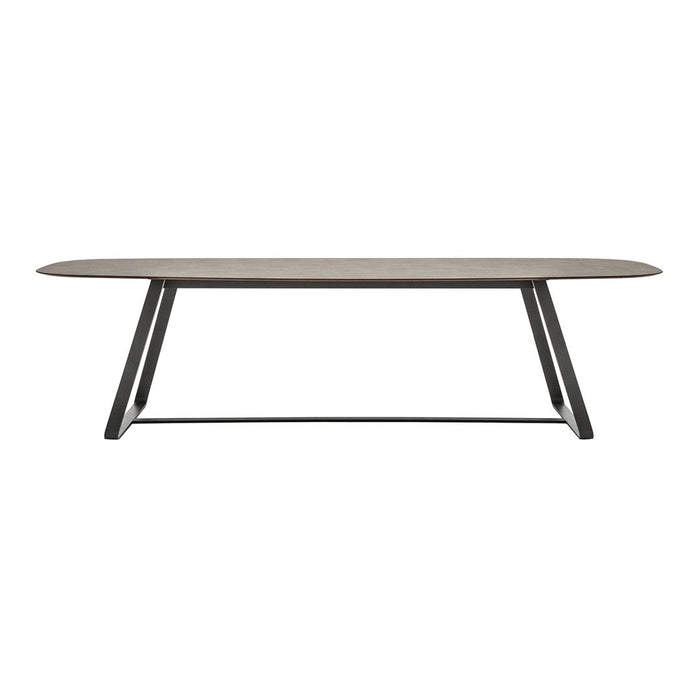 Stylish oval dining table with a light wood top and sleek black metal legs, featuring a modern minimalist design.