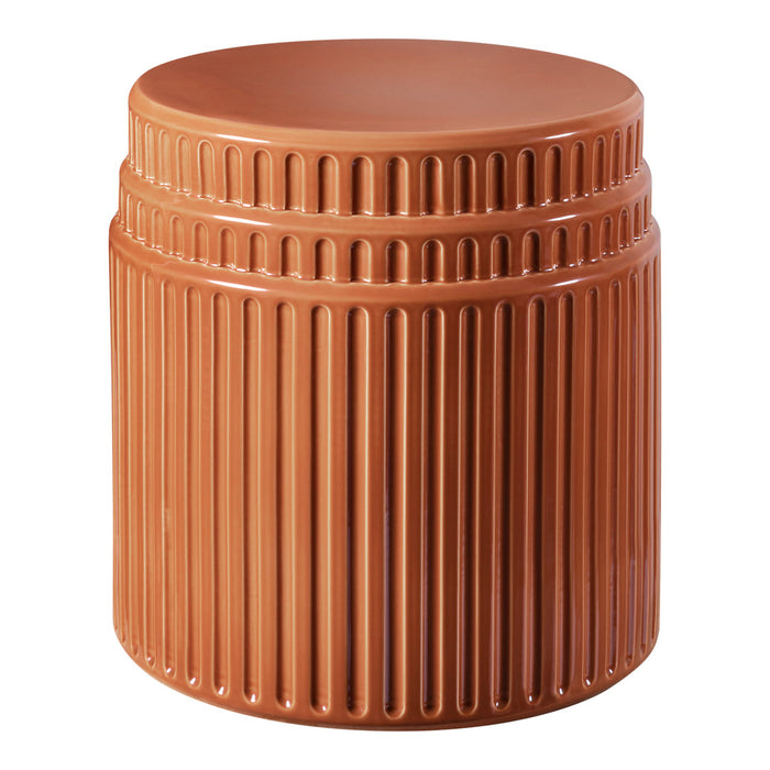 Terracotta cylindrical stool with vertical ribbed texture and a smooth, flat top. Perfect for indoor or outdoor use.