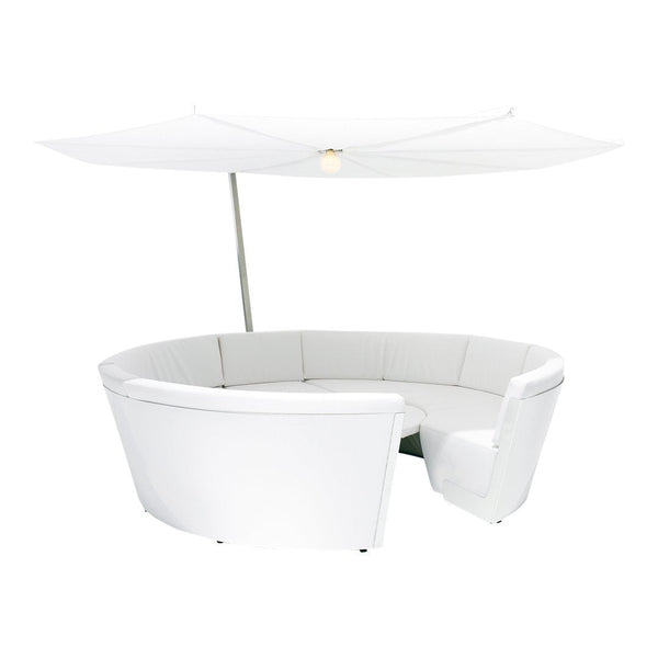 Modern white outdoor sofa set with a matching white canopy, featuring sleek, minimalist design and curved shapes.