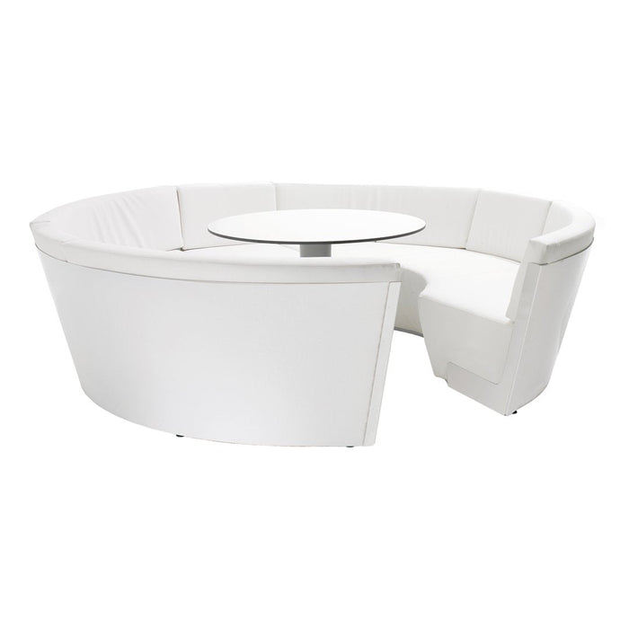 Modern white circular sofa set with smooth upholstery and sleek lines, featuring a matching round coffee table.