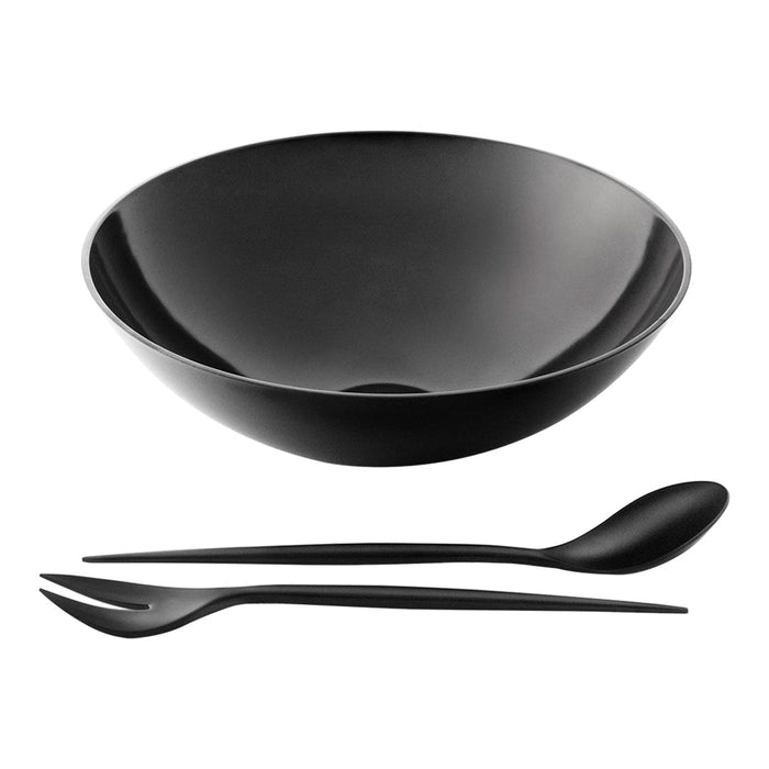 Matte black salad bowl with matching serving utensils, featuring a sleek, minimalist design. Ideal for modern dining.